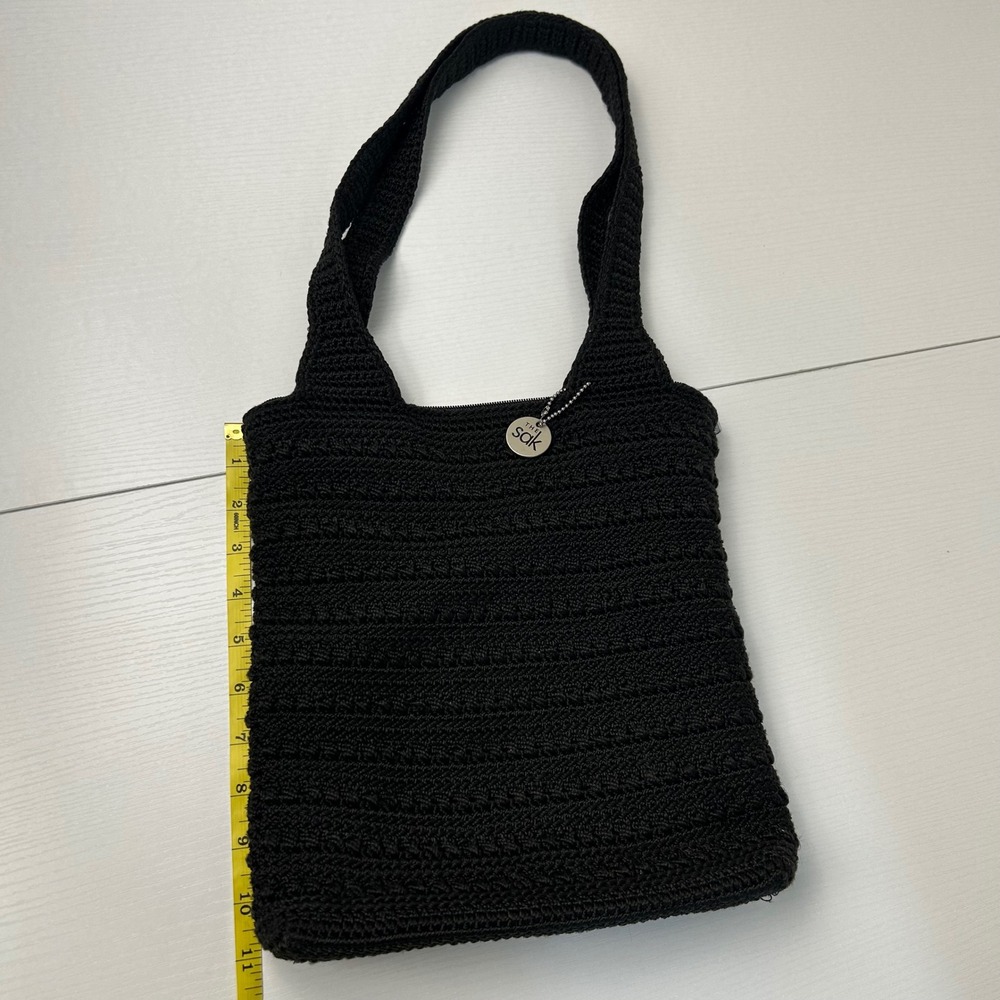 The Sak Crochet Shoulder Bag Womens Medium Black Nylon Knit Zip Purse